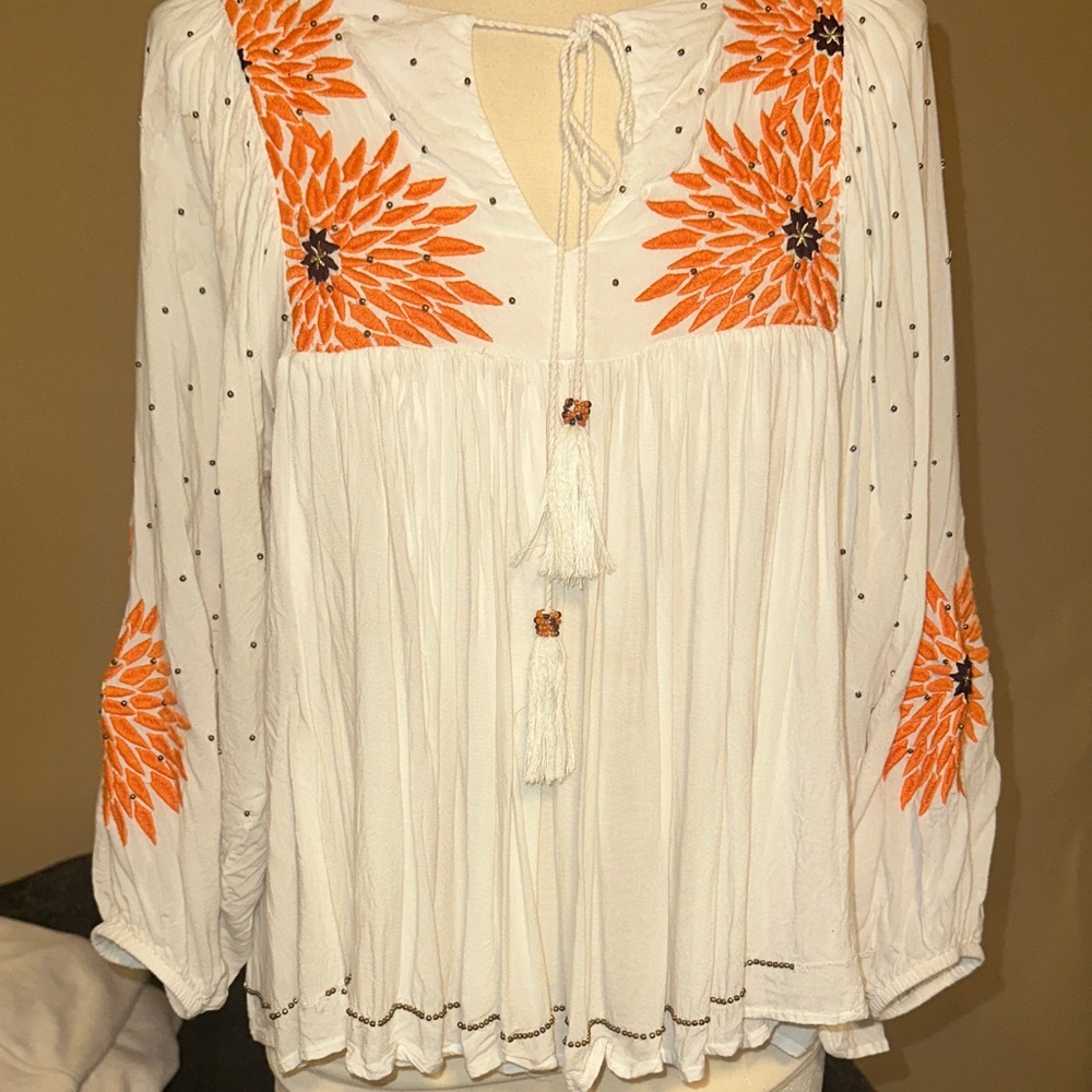 Frye White Blouse with Orange Floral Embroidery